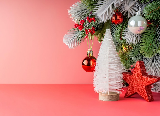 Christmas decorations concept Top view photo of gold and green baubles balls star ornaments confetti and pine branches on isolated white background with empty space