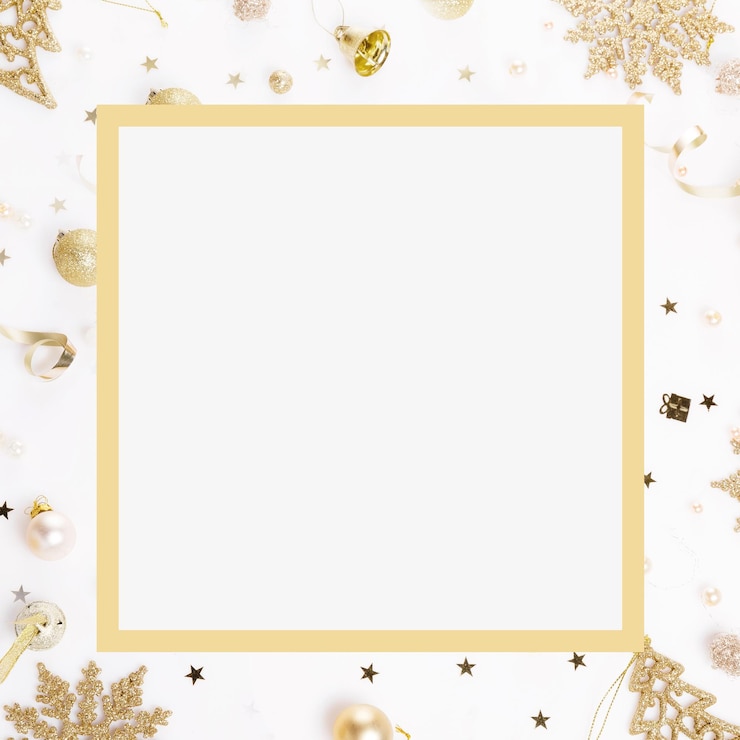 Photo christmas decorations and confetti golden square frame festive template on a white background