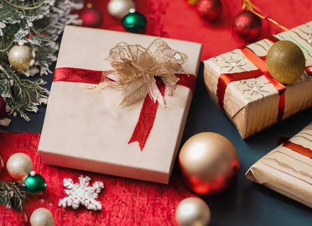 Christmas decorations festive packaging boxes with gifts lie on the table on a white background