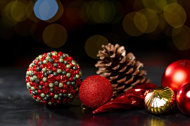 Christmas decorations for the fir on a dark background with bokeh. High quality photo