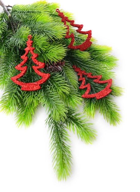 Christmas decorations on fir tree, isolated on white