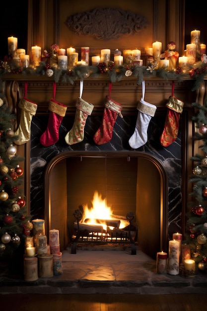 Christmas decorations on a fireplace