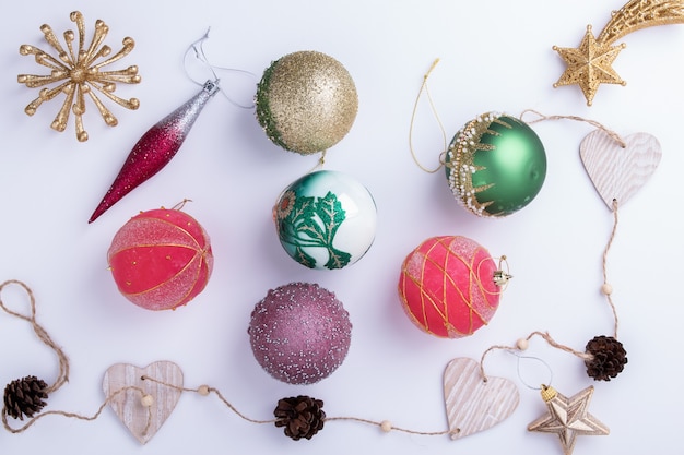 Christmas decorations flat lay on white background isolated. Holiday concept.