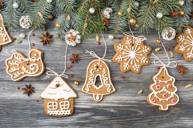 Christmas decorations of Gingerbread cookies and spruce