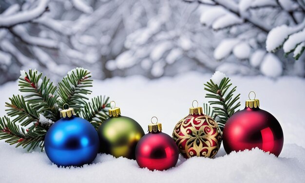 Christmas decorations nestled in snow