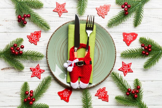 Christmas decorations and ornament on wooden background top view of new year advent concept