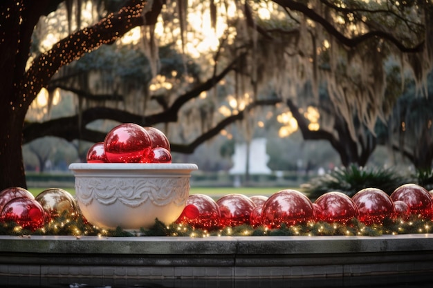 公園のクリスマス装飾 自然のディテールとクリスマス ボールを備えた木 AI 生成のイラスト