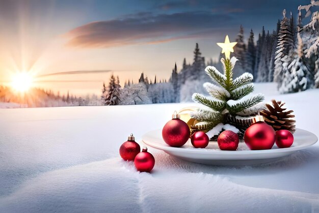 Christmas decorations on a plate with a christmas tree in the background.