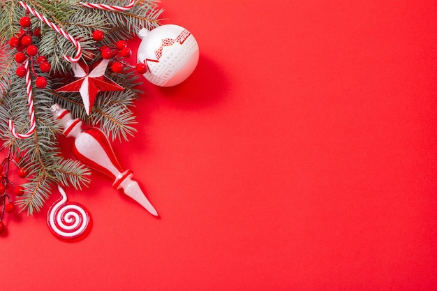 Christmas decorations on red background