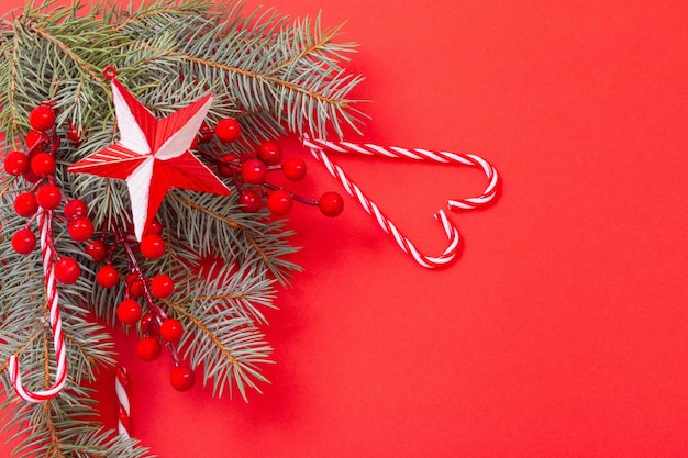 Christmas decorations on red background