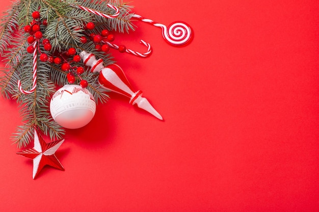 Christmas decorations on red background