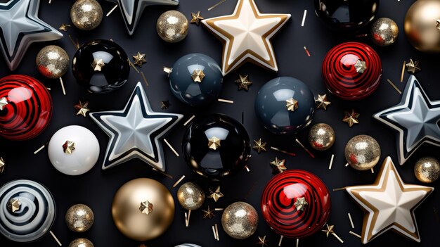 Christmas decorations red and black balls stars and ribbons on a dark background