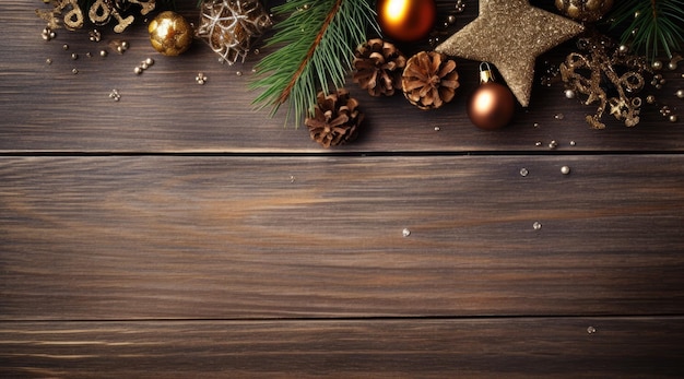 Christmas decorations on rustic wooden background top view Copy space