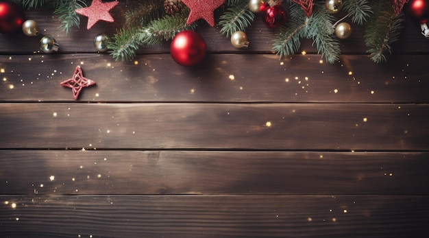 Christmas decorations on rustic wooden background top view Copy space
