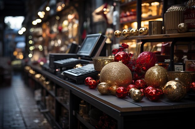 Christmas decorations in shops near the Christmas tree