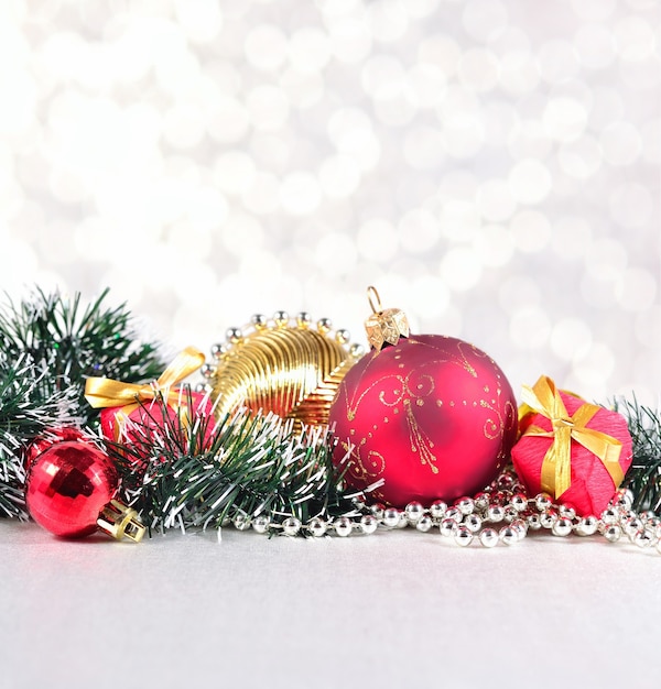 Christmas decorations on a silvery bokeh background