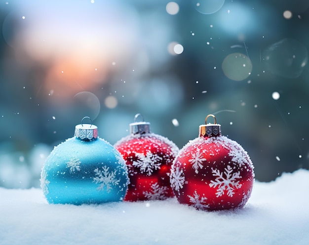 파란색과 빨간색 겨울 배경으로 눈 위의 크리스마스 장식