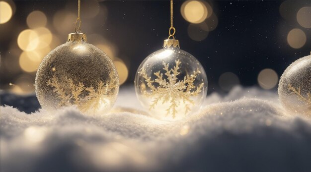 Рождественские украшения в снегу с прозрачными шариками пузырьков