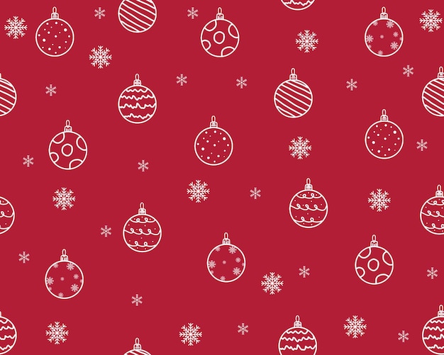 Christmas decorations and snowflakes on red background seamless pattern