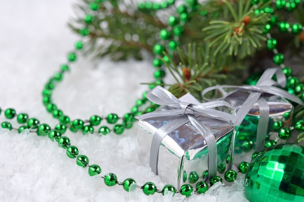 Christmas decorations on a spruce branch