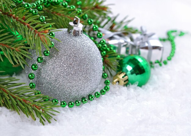 Christmas decorations on a spruce branch