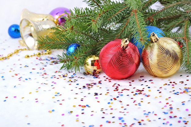 Christmas decorations on a spruce branch