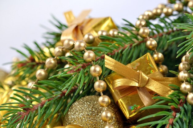 Christmas decorations on a spruce branch