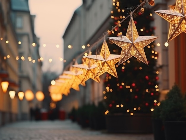A christmas tree stands in a city alley soft edges and atmospheric effects | Premium AI-generated image