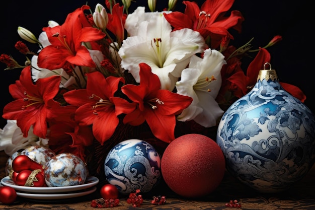 Christmas decorations on a table with flowers and a black background