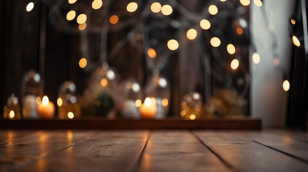 Christmas decorations on a table with a lit candle in the background