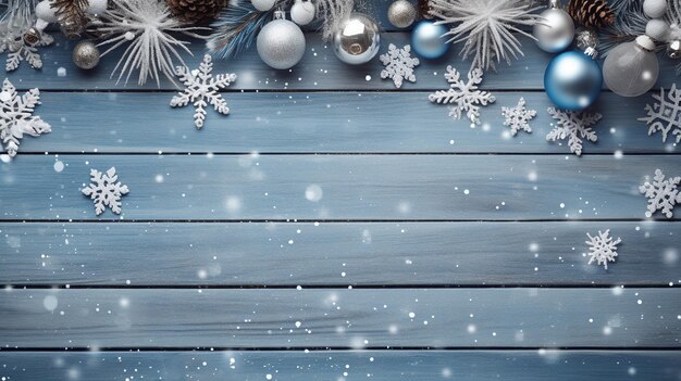 Christmas Decorations White and Gold Snowflakes on Rustic Blue Wooden Planks