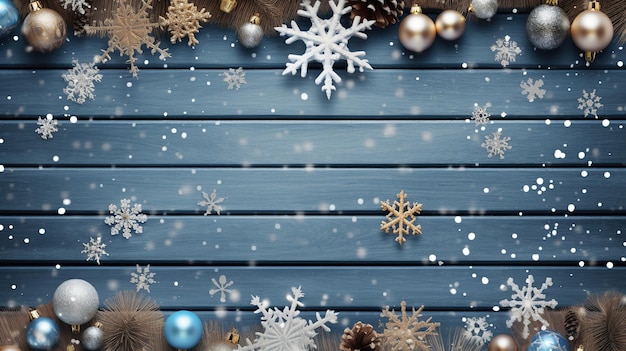 소박한 푸른 나무 판자에 크리스마스 장식 흰색과 금색 눈송이
