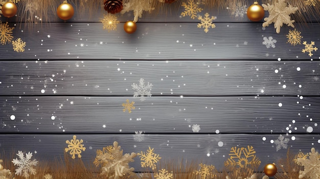 소박한 푸른 나무 판자에 크리스마스 장식 흰색과 금색 눈송이