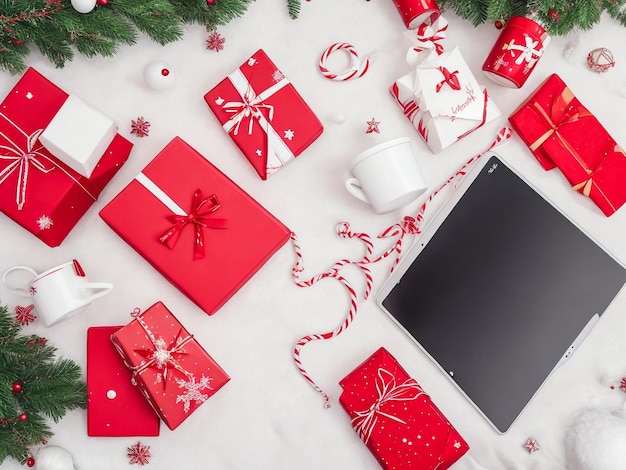 クリスマスの装飾とホワイトタブレット 赤い背景の黒い画面 クリスマスとニューエイ