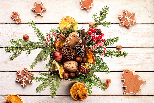 Christmas decorations on a white wooden table