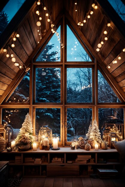 christmas decorations in the window of the attic window