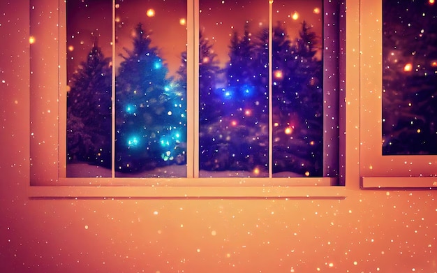 Christmas decorations on a winter holiday window Frozen window garlands lanterns Christmas tree