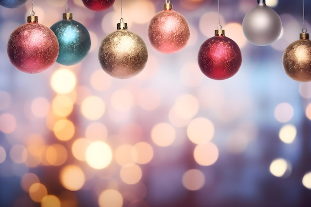 Christmas decorations with bright colorful bokeh on background