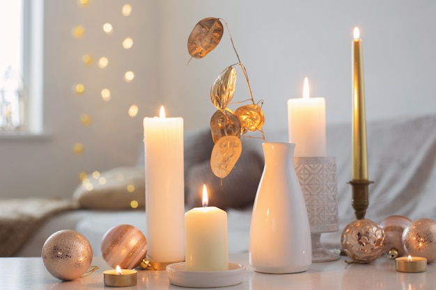 Christmas decorations with candles at home