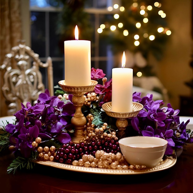 Photo christmas decorations with candles on table