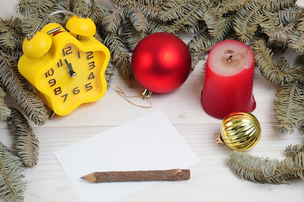 Christmas decorations with an empty paper