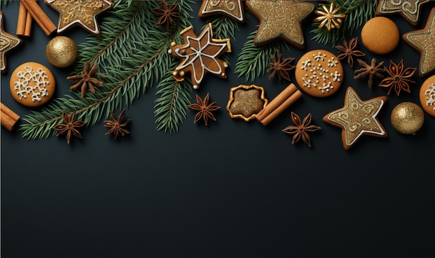 Christmas decorations with space Cookies and herb on dark background Xmas or New Year card template