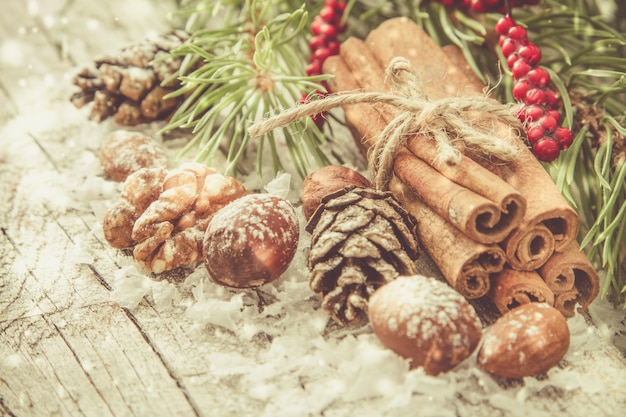 Christmas decorations with tree, rustic wood 