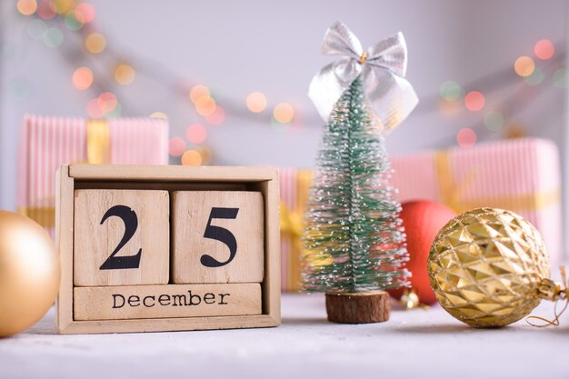 christmas decorations with wooden calendar