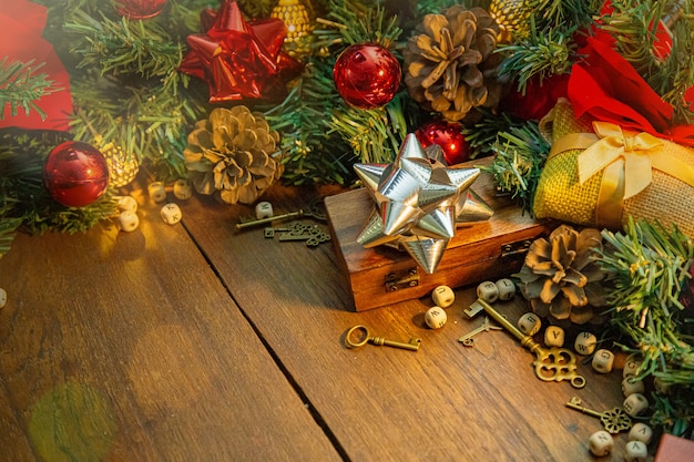 Christmas decorations on wood table for holiday content.