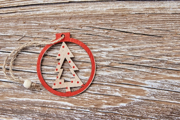 Christmas decorations on wooden background Flat lay