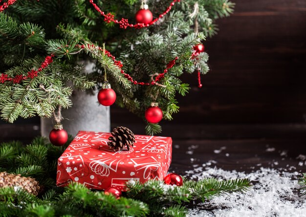 Christmas decorations on wooden background