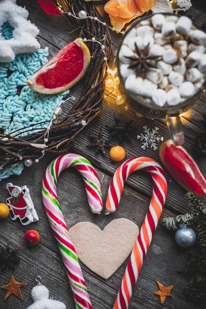 Christmas decorations on wooden table