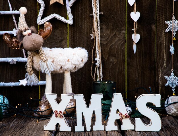 Christmas decorations on wooden table