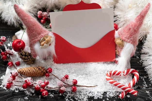 Christmas decorative background with a red Christmas envelope and a blank white sheet